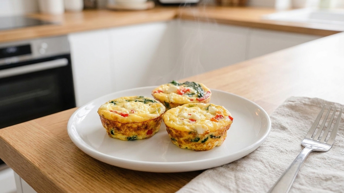 A plate of golden cottage cheese egg bites with crisp edges, served warm on a light ceramic plate on a bright kitchen table