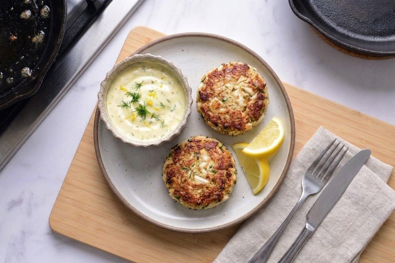 A plate of golden crab cakes with crisp browned edges, served with lemon wedges and a small bowl of lemon-dill aioli on a light kitchen table
