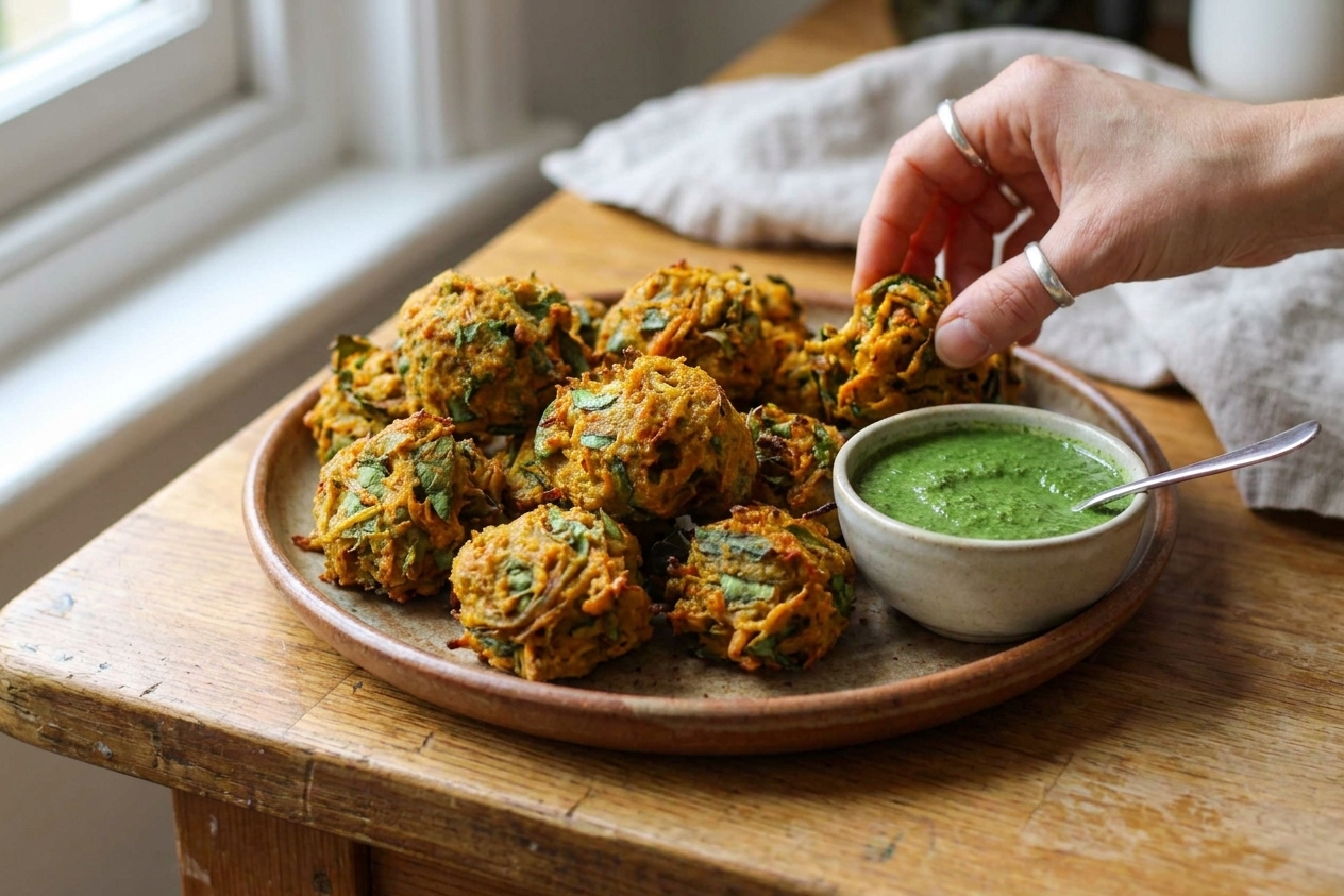 A plate of golden, craggy onion pakora piled high with a small bowl of green mint chutney on a simple wooden table setting