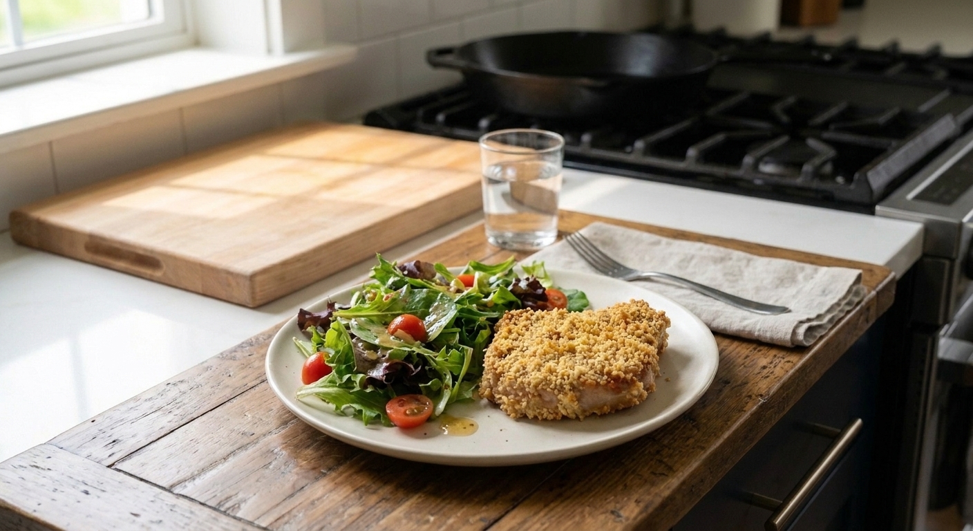 A plate of golden, crispy oven-baked pork chops with crunchy coating and a simple green salad on a wooden dinner table in warm kitchen light
