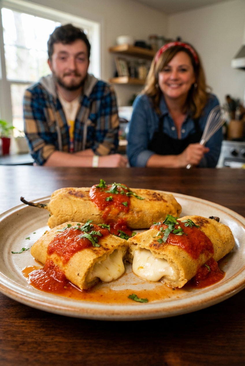 A plate of golden fried masa-wrapped chili rellenos cut open to show melted cheese, topped with a bright red tomato-chile sauce