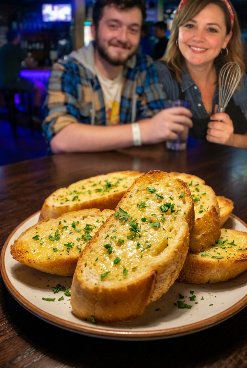 A plate of golden garlic bread slices with parsley and melted butter