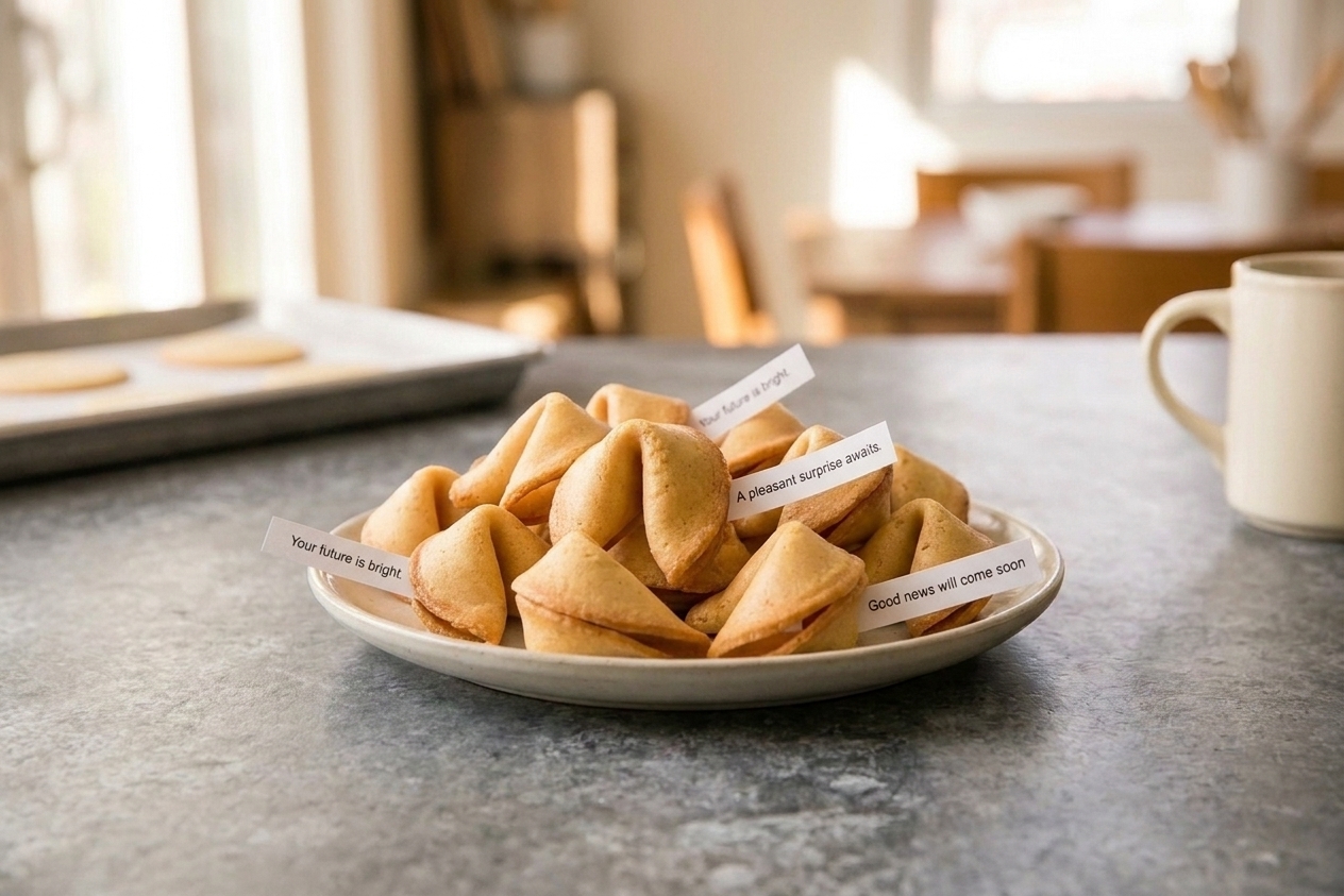 A plate of golden homemade fortune cookies on a light kitchen table with a few fortunes peeking out, warm natural light