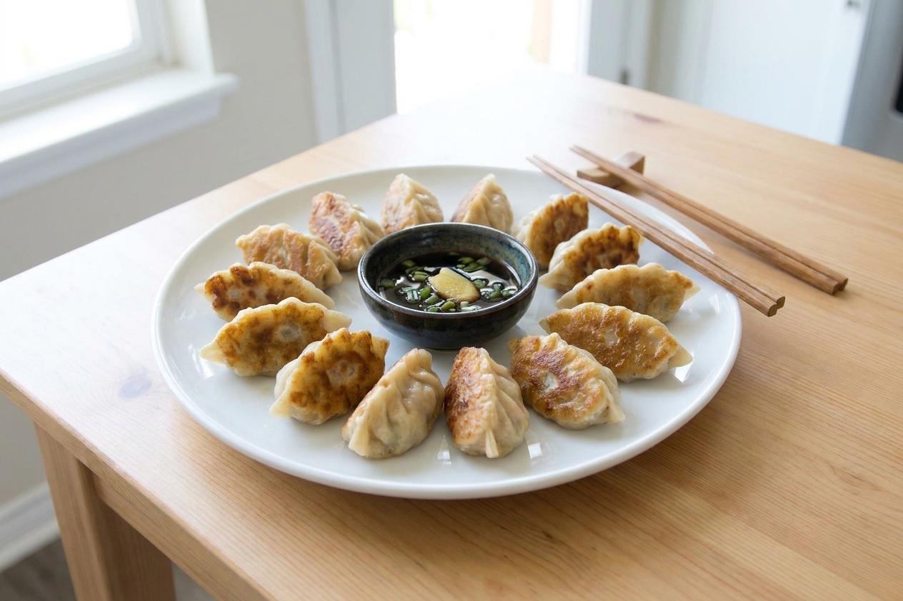 A plate of golden pan-fried dumplings with crisp browned bottoms and a small bowl of soy-vinegar dipping sauce on a warm wooden table