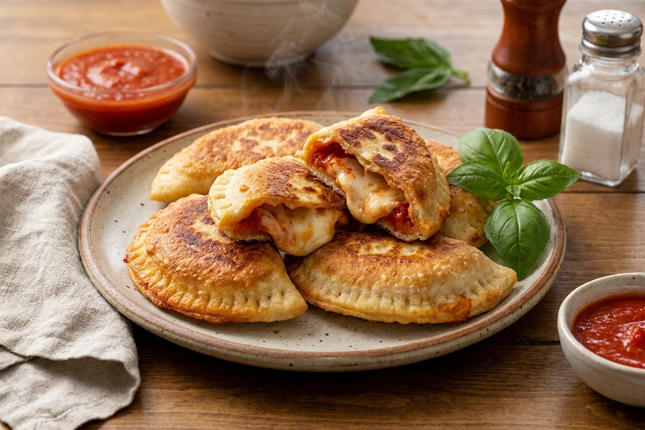A plate of golden, pan-fried pizzoli hand pies with one cut open to show melted mozzarella and tomato filling on a rustic wooden table with a linen napkin