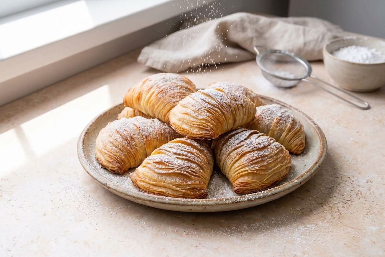 A plate of golden, shell-shaped sfogliatelle pastries dusted with powdered sugar on a rustic kitchen table with soft natural light