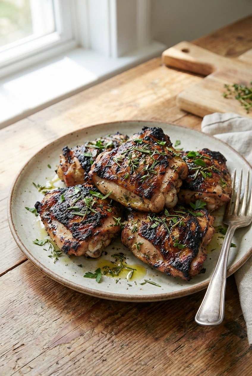 A plate of grilled chicken thighs with charred edges and herbs on top