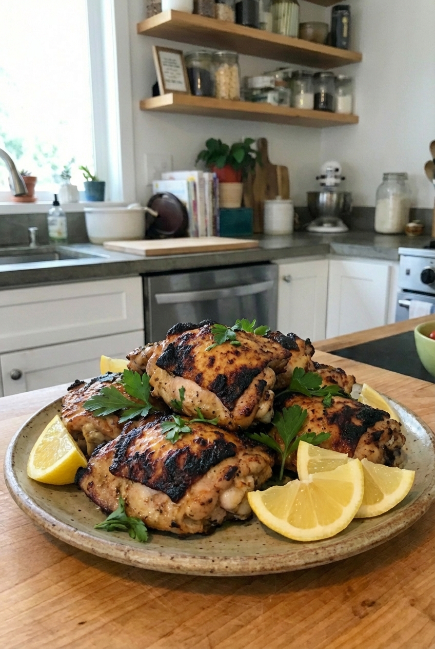 A plate of grilled chicken thighs with charred edges and lemon wedges