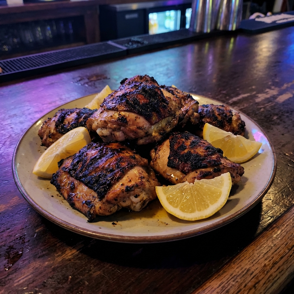 A plate of grilled chicken thighs with charred edges and lemon wedges