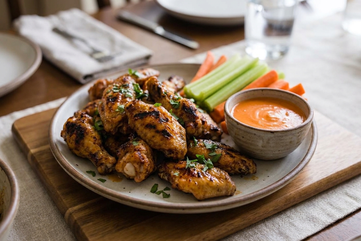 A plate of grilled chicken wings with charred edges served with celery sticks, carrot sticks, and a ramekin of dipping sauce on a family dinner table