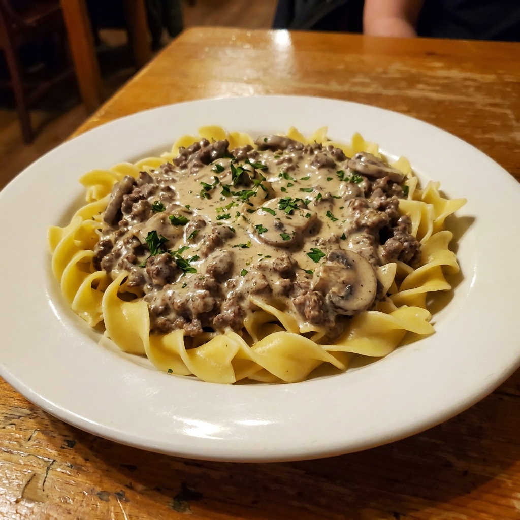 A plate of ground beef stroganoff served over egg noodles with mushrooms and a sprinkle of parsley