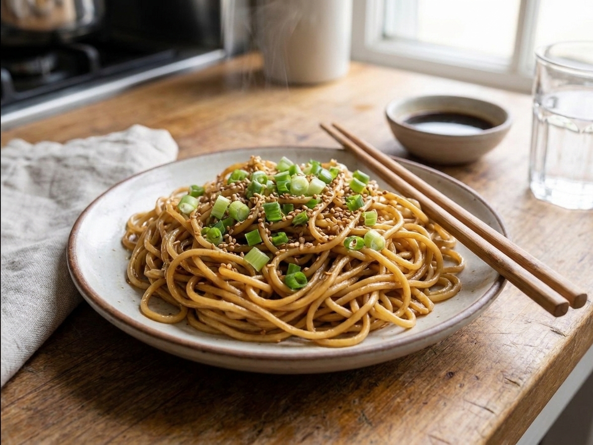 A plate of hibachi-style noodles garnished with green onions and sesame seeds on a simple dinner table setting