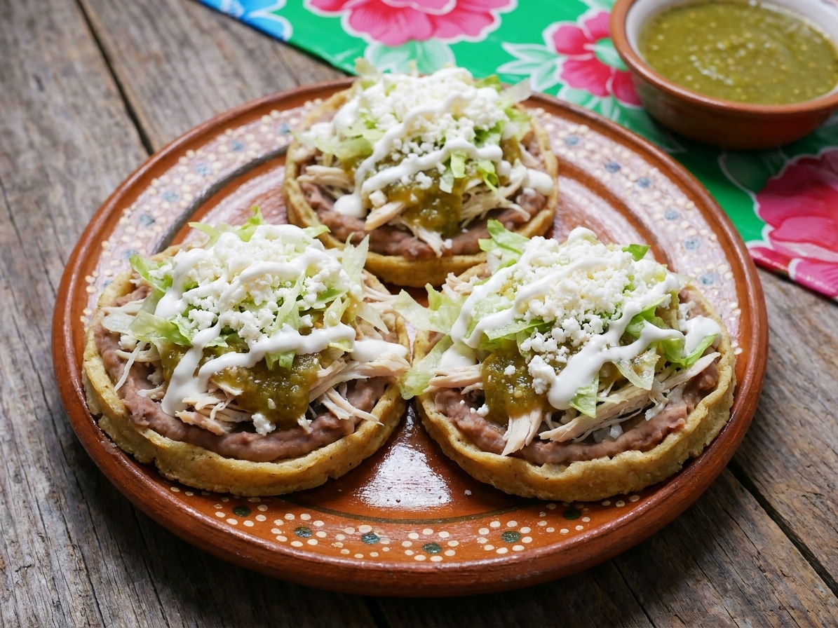 A plate of homemade chicken sopes with crisp masa bases topped with refried beans, shredded chicken, salsa verde, shredded lettuce, crumbled queso fresco, and a drizzle of crema on a rustic wooden table