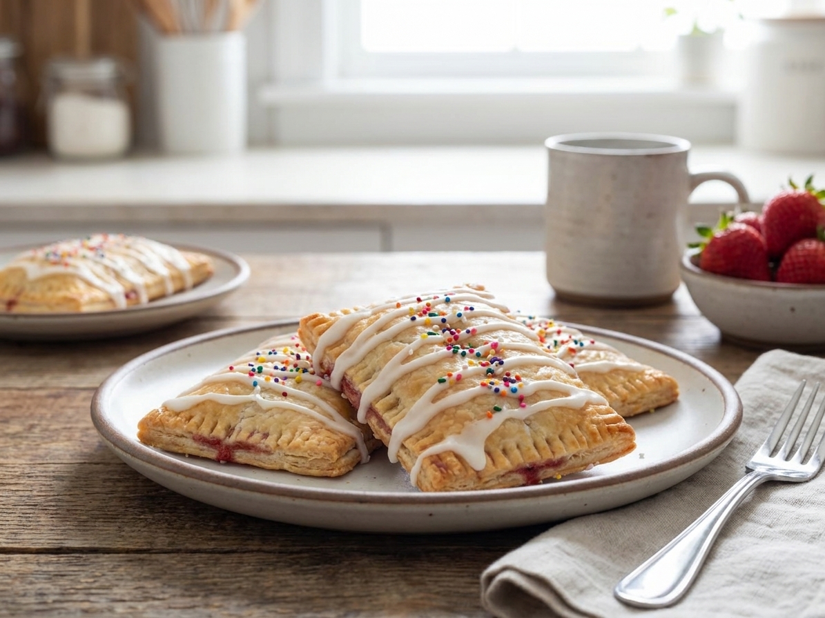 A plate of homemade strawberry pop tarts with vanilla icing and colorful sprinkles on a wooden table in a bright kitchen