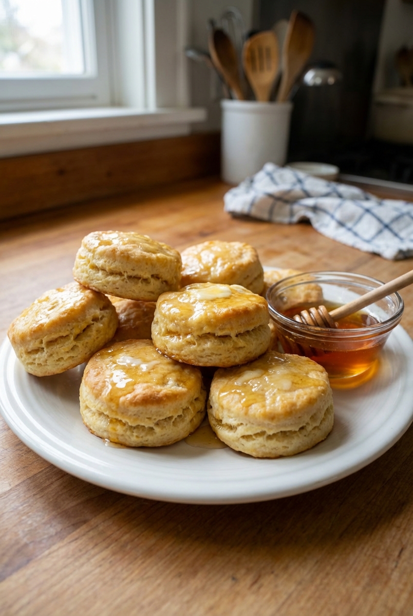 A plate of honey butter biscuits with a small bowl of honey on the side