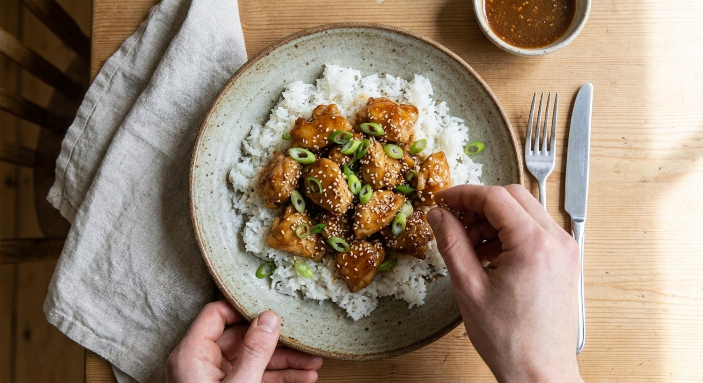A plate of honey garlic chicken served over white rice with sliced green onions and sesame seeds on a simple dinner table setting