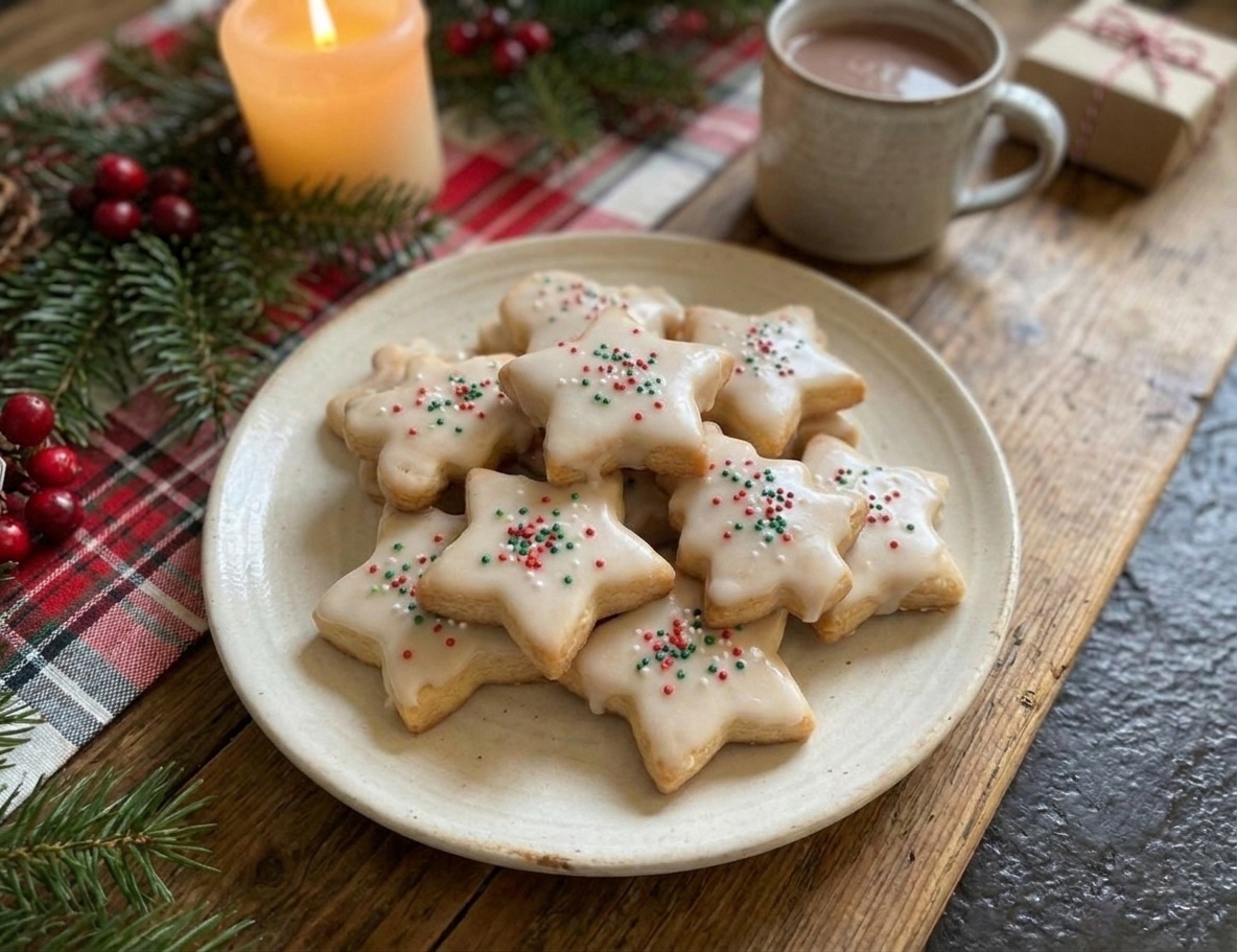 A plate of iced Christmas biscuits in star and tree shapes with simple white glaze and colorful sprinkles on a cozy holiday table setting
