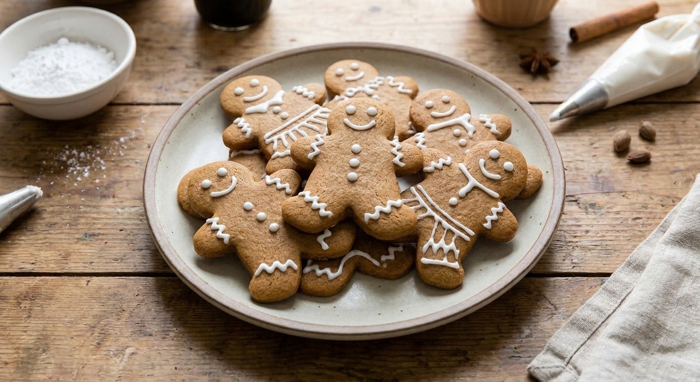 A plate of iced gingerbread men cookies with white royal icing details on a wooden table, warm kitchen lighting
