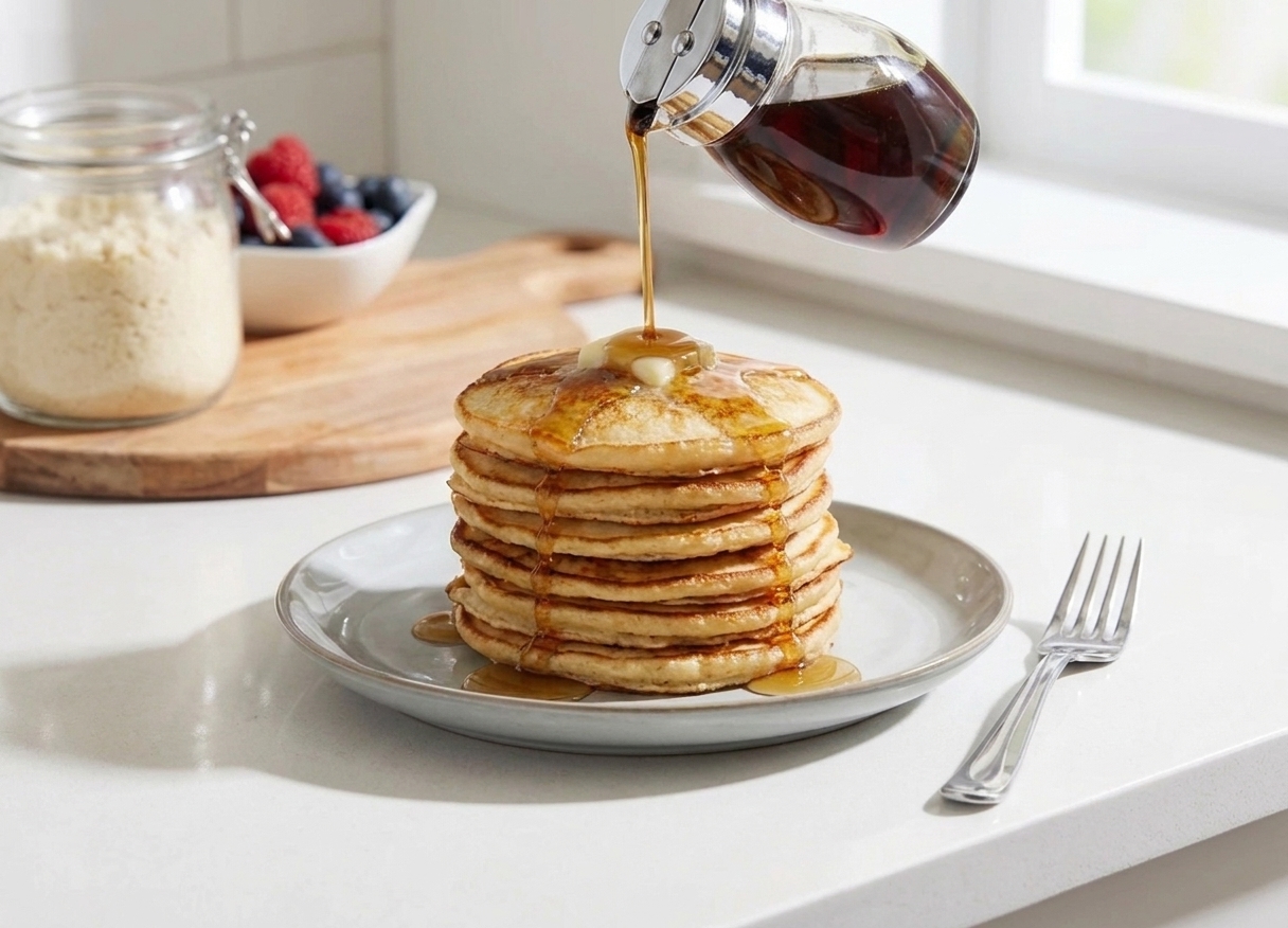 A plate of keto pancakes with butter melting on top and sugar-free syrup being poured over them at a kitchen table