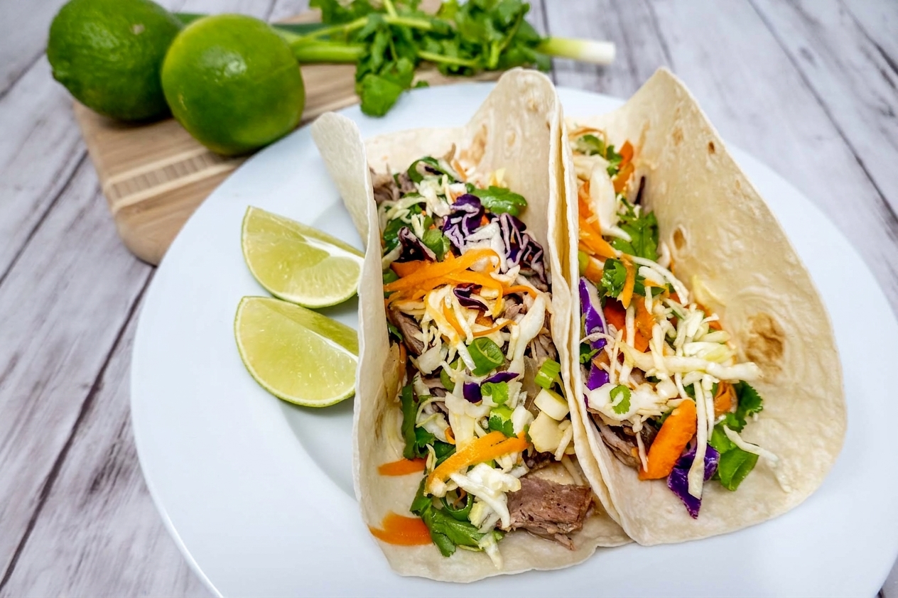 A plate of leftover barbecue pulled pork tacos topped with crunchy lime slaw on a wooden table with warm, natural kitchen lighting