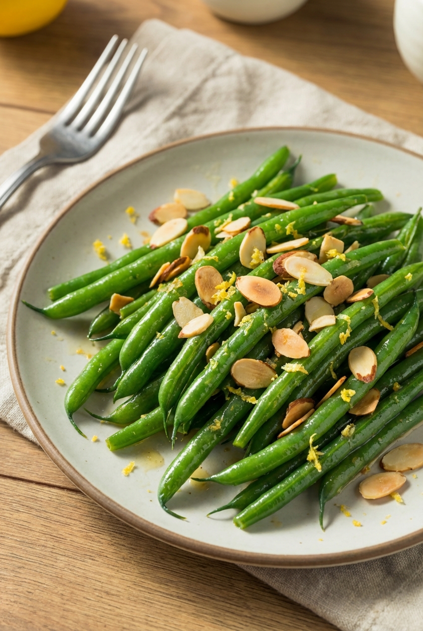 A plate of lemon garlic green beans with toasted almonds