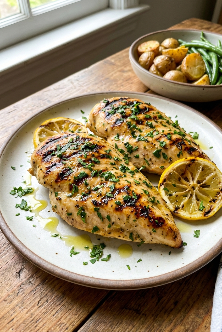 A plate of lemon herb grilled chicken breasts with grill marks and chopped parsley