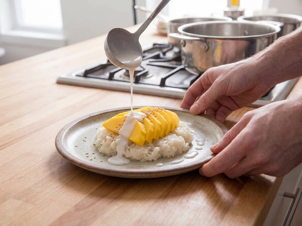 A plate of mango sticky rice topped with sliced mango and a drizzle of coconut sauce on a wooden table with soft natural light