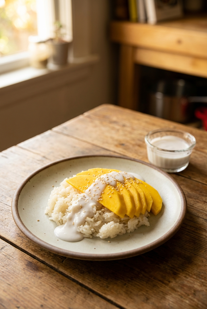 A plate of mango sticky rice with coconut cream