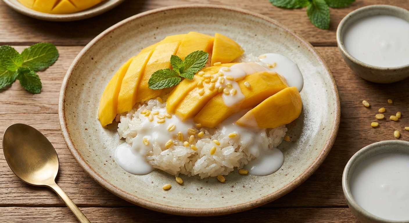 A plate of mango sticky rice with sliced ripe mango, coconut sauce drizzled over sticky rice, photorealistic food photography