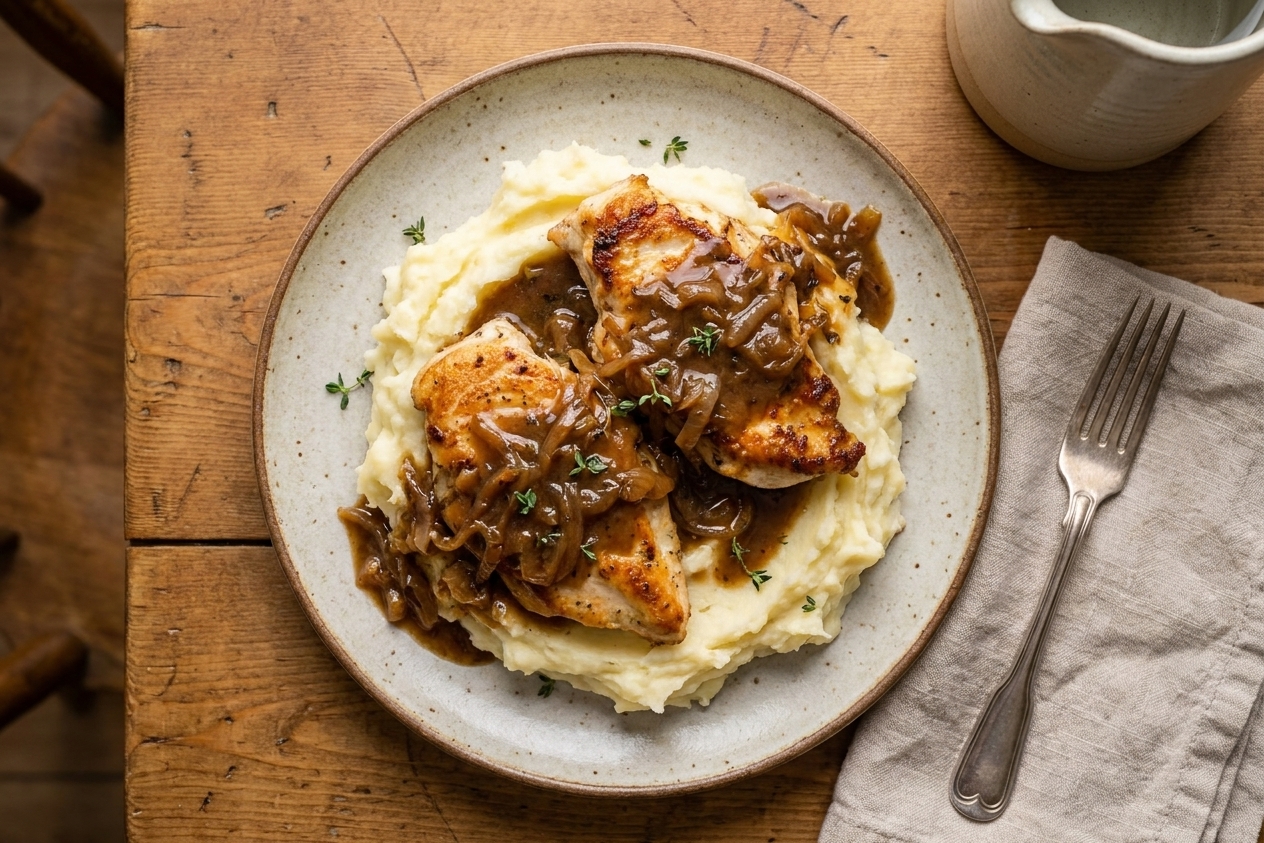 A plate of mashed potatoes topped with chicken and pan gravy, served at a dinner table with a simple napkin and fork