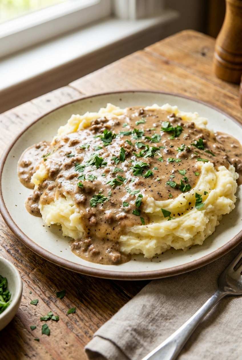 A plate of mashed potatoes topped with creamy ground beef gravy and sprinkled with parsley