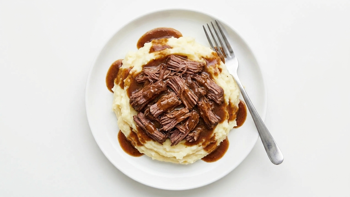 A plate of mashed potatoes topped with shredded beef and rich brown gravy, with a fork resting on the edge of the plate