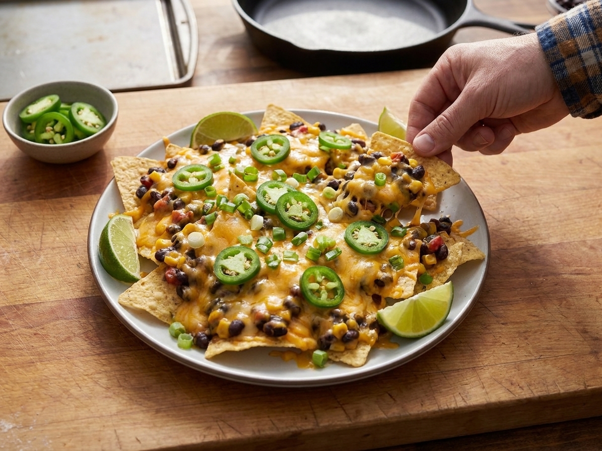A plate of melty nachos topped with jalapeños and scallions, served with lime wedges