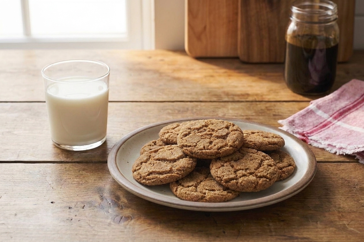 A plate of molasses cookies served with a glass of milk on a simple wooden table setting, soft afternoon light