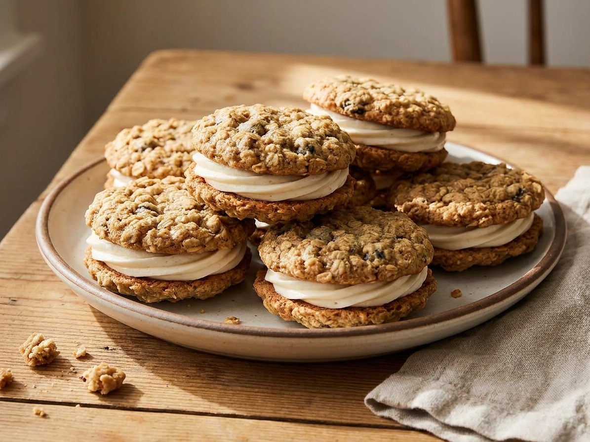 A plate of oatmeal cream pies with soft, chewy oatmeal cookies and thick vanilla cream filling on a wooden kitchen table in warm natural light