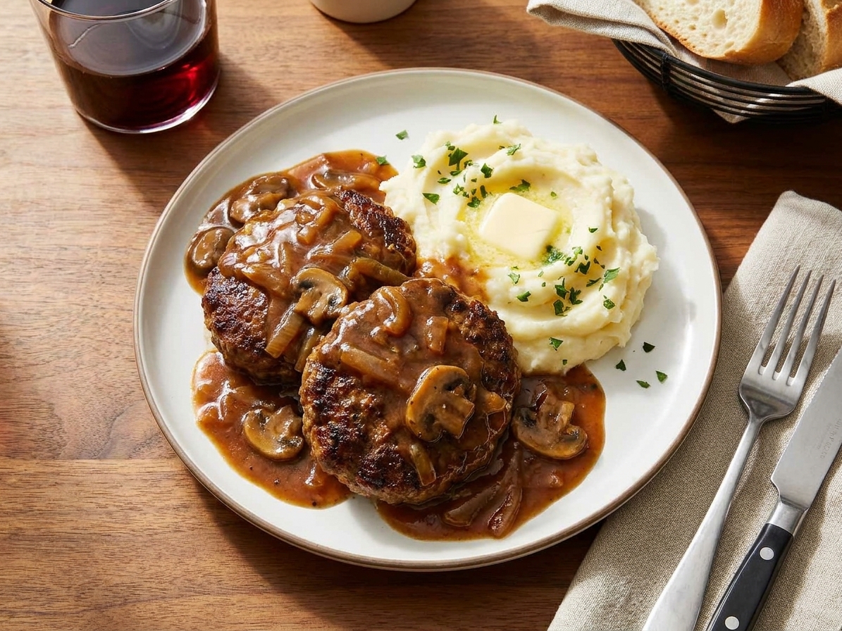 A plate of old-fashioned Salisbury steak patties covered in glossy onion mushroom gravy, served with mashed potatoes on a warmly lit dinner table
