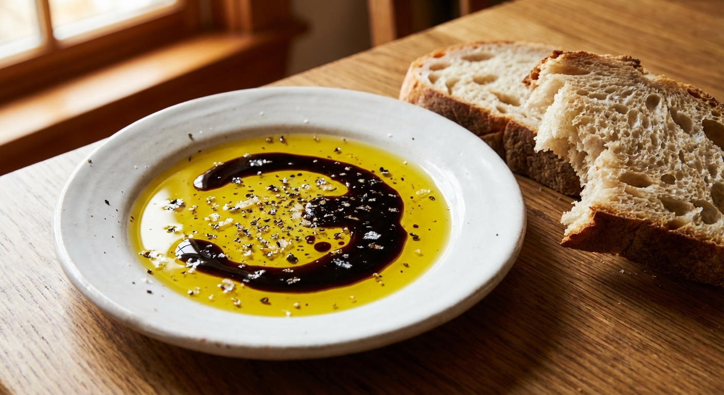 A plate of olive oil and balsamic vinegar with cracked pepper, ready for dipping