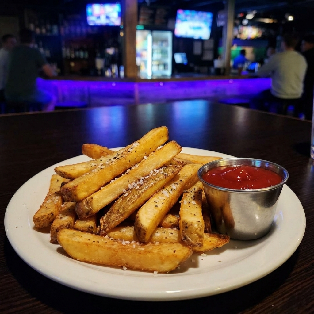 A plate of oven baked fries with a small cup of ketchup