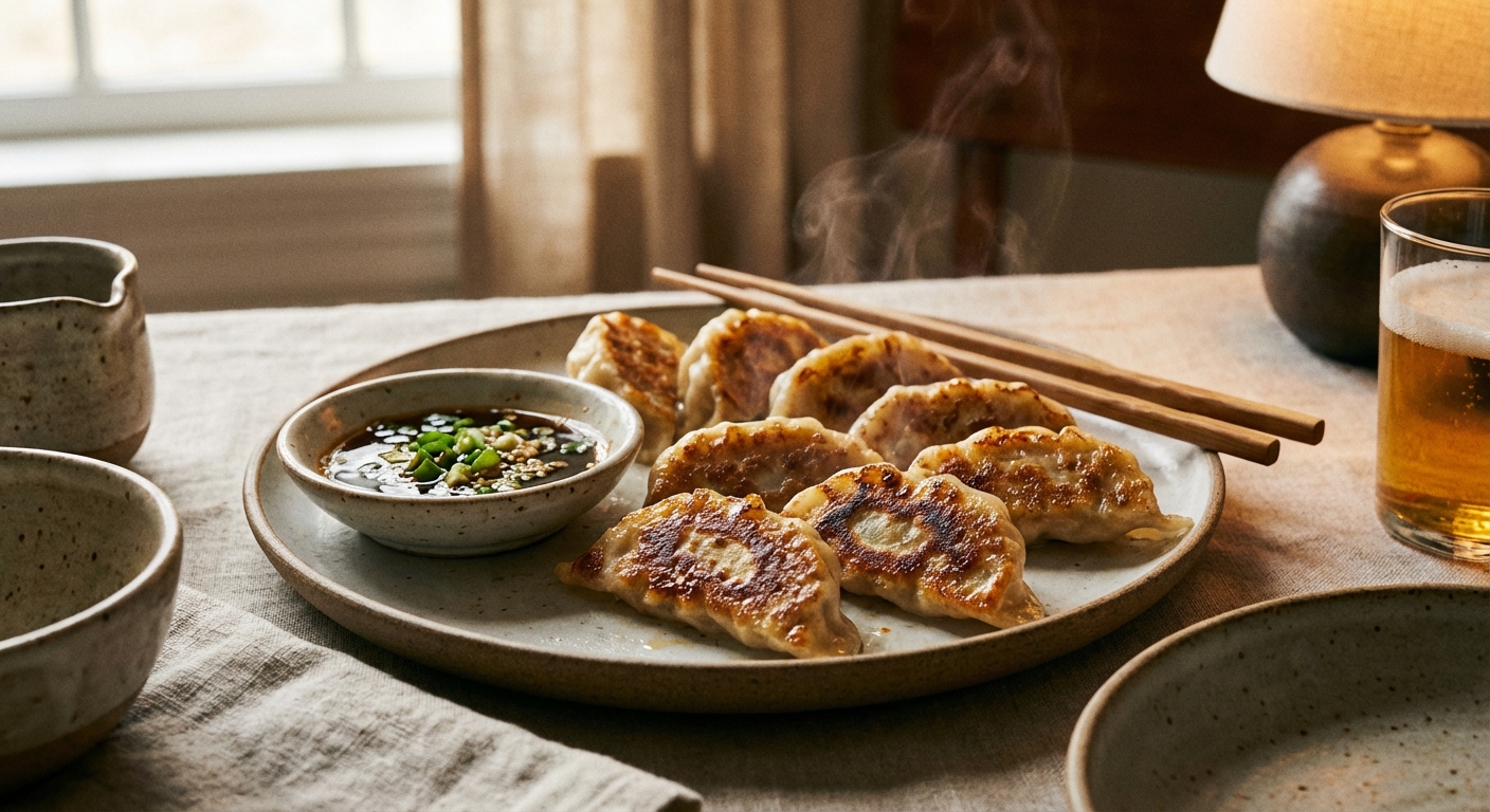 A plate of pan-fried dumplings with crisp browned bottoms, a small dipping dish of ponzu sauce on the side, chopsticks resting on the plate, cozy dinner table setting, photorealistic food photography