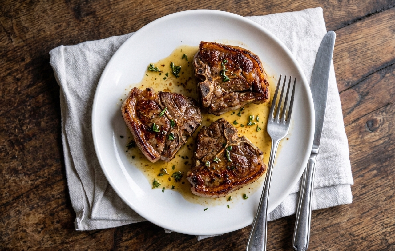 A plate of pan-seared lamb loin chops with crisp browned edges, spooned with lemony pan sauce, set on a warm-toned dinner table with simple linens