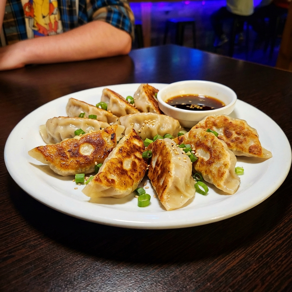 A plate of pan seared potstickers with browned bottoms