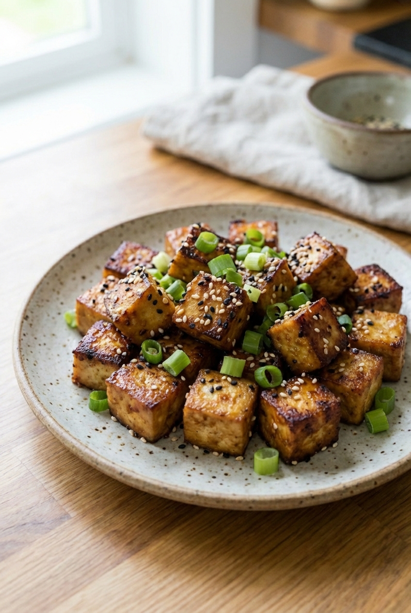 A plate of pan-seared tofu with sesame seeds and scallions