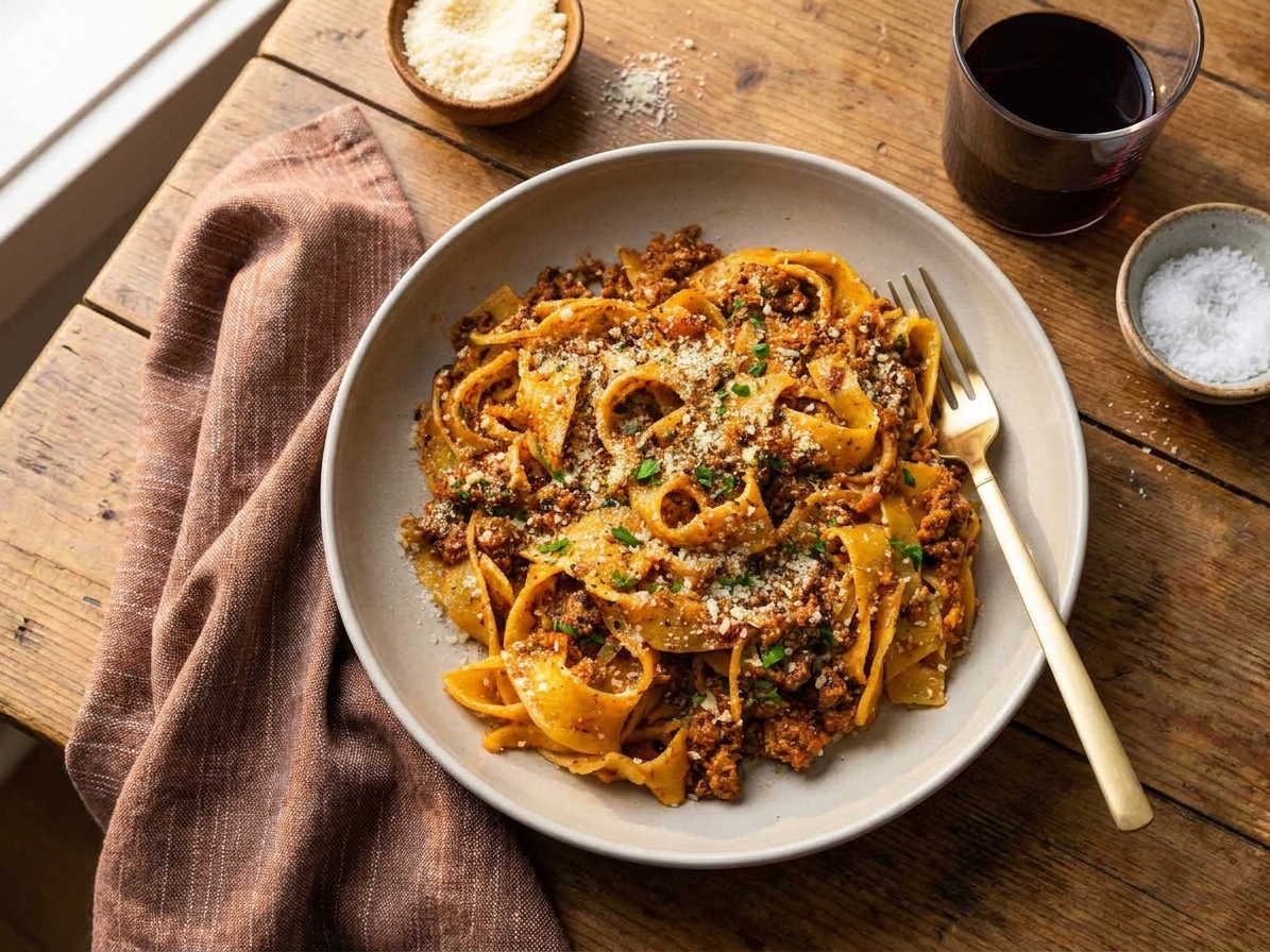 A plate of pasta bolognese topped with grated Parmesan and chopped parsley on a simple stoneware plate at a dinner table