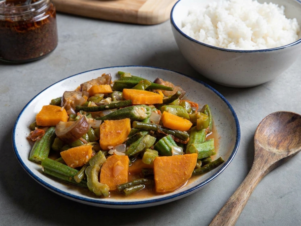 A plate of pinakbet served alongside steamed white rice on a simple dinner table setting