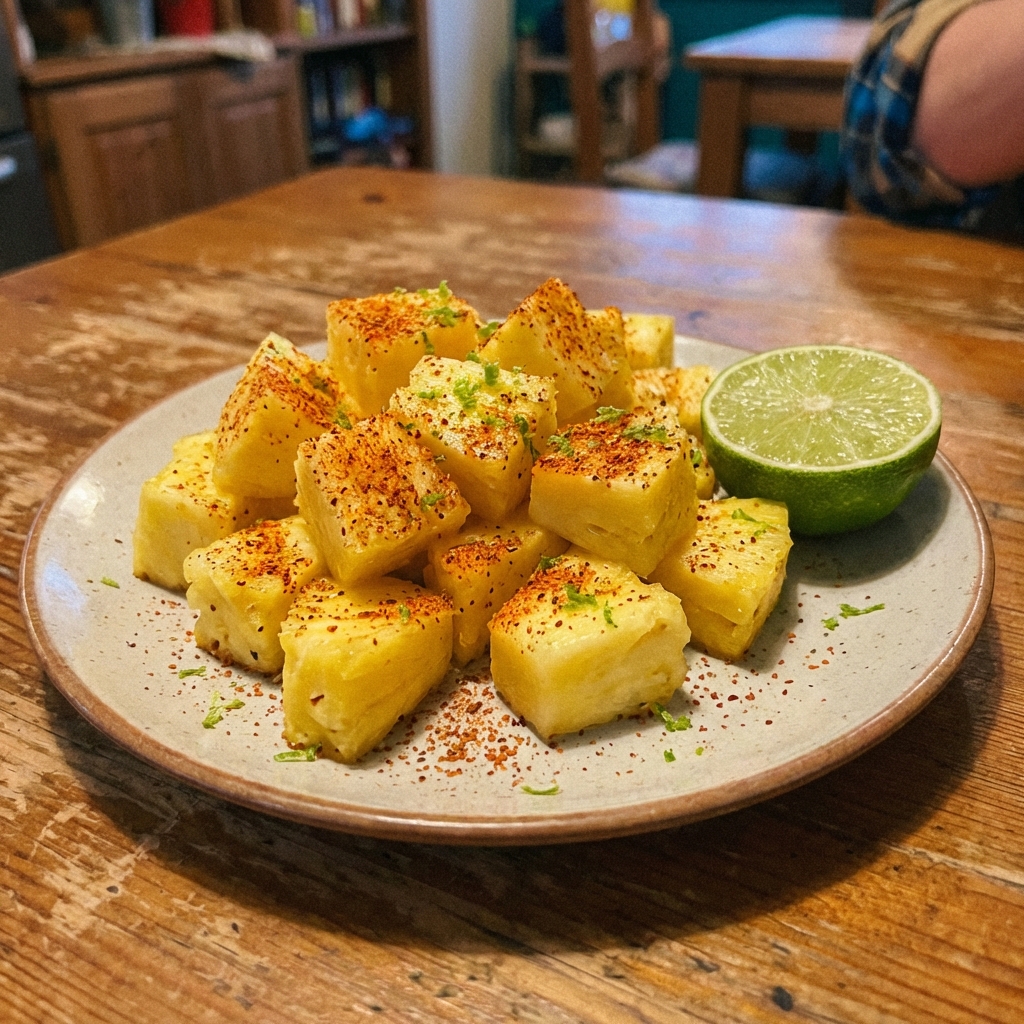 A plate of pineapple chunks with chili-lime seasoning