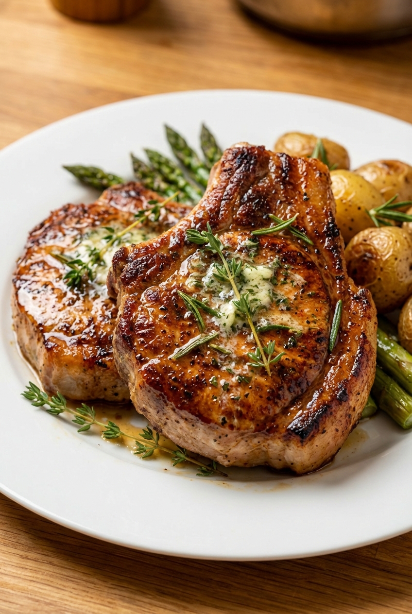 A plate of pork chops with a golden sear