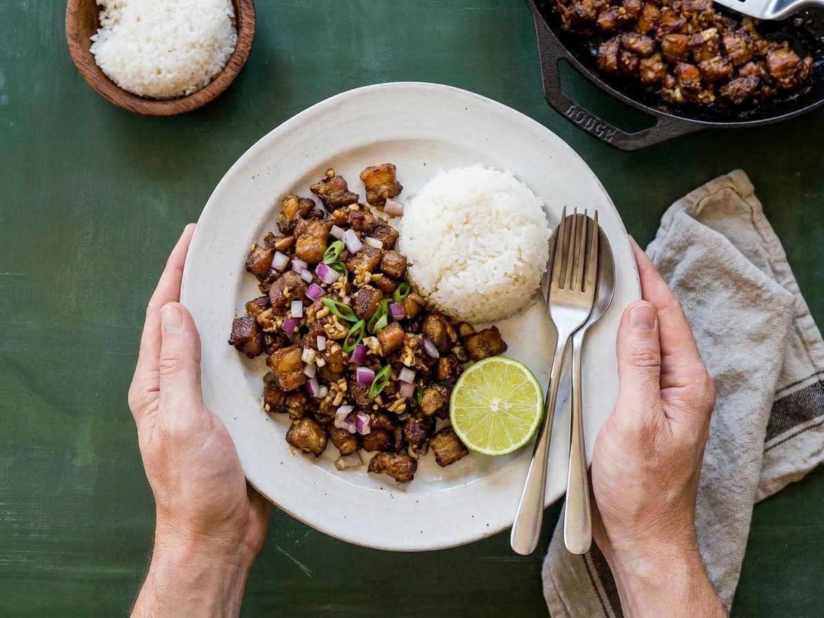 A plate of pork sisig served with steamed white rice and a lime wedge on a simple dinner table setting