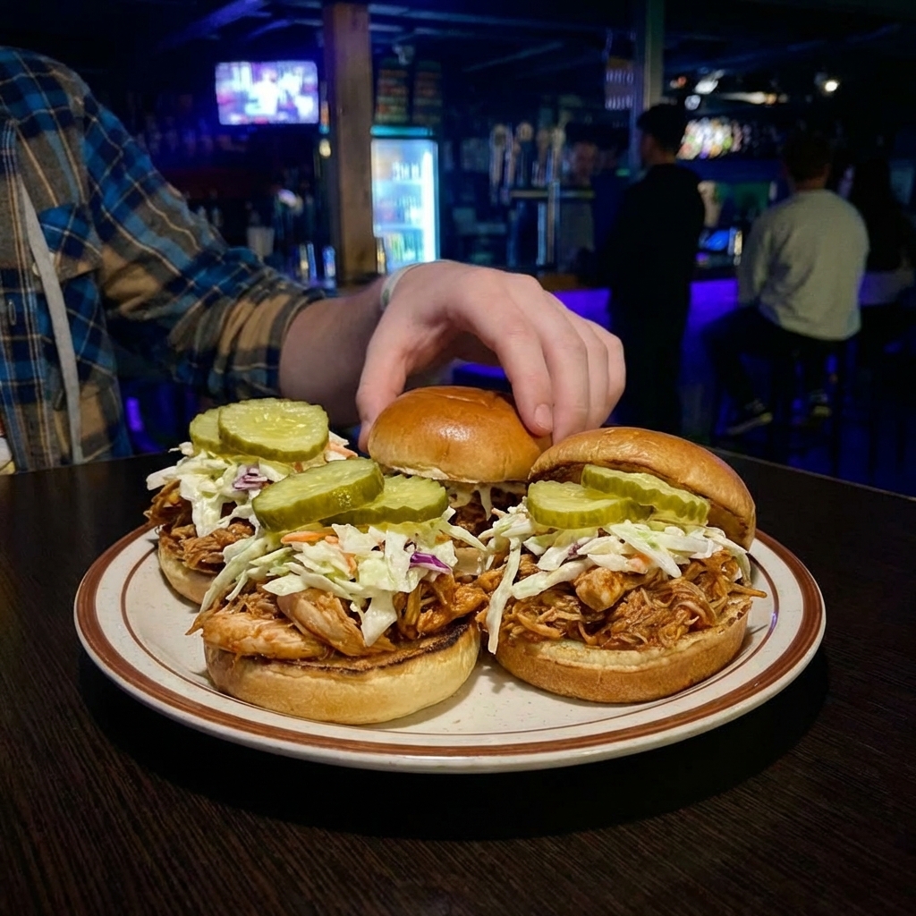 A plate of pulled chicken sliders with pickles