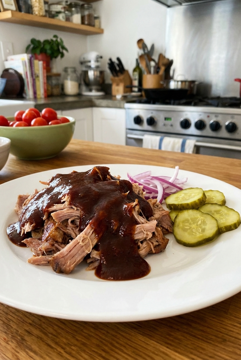 A plate of pulled pork with barbecue sauce next to pickles and onions