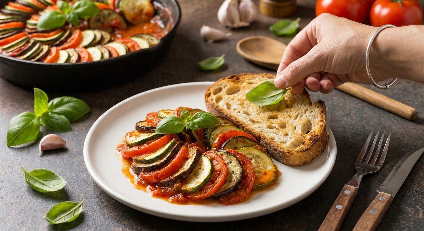 A plate of ratatouille with layered vegetables and red sauce served alongside a slice of crusty bread on a simple table setting